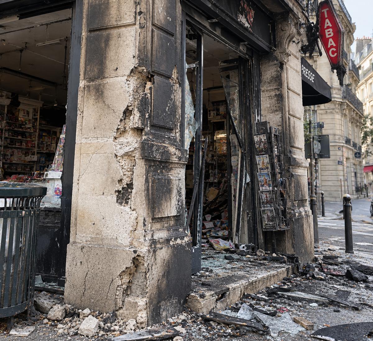 Avant : pilier en pierre et seuil d'un bureau de tabac